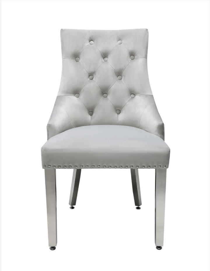 Louis Marble Dining Table 100x100cm Light Grey  With 4 Valencia Dark Grey Ring Knocker Chairs