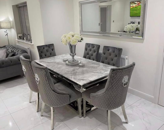 Ariel Marble Dining Table With Majestic Dark Grey Lion Knocker Chairs