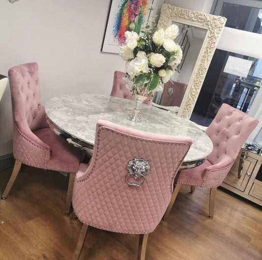 Chelsea 130x130cm Round Table With Pink  Majestic Lion Knocker Chairs