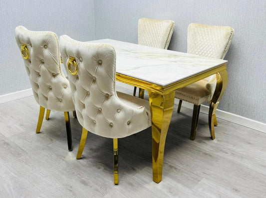 Louis Marble Dining Table Cream And Gold With Victoria Cream And Gold Ring Knocker Chairs