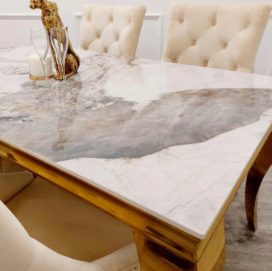 1.6M Louis Dining Table Gold with Sintered Stone Top With Bentley Cream Gold Lion Knocker Chairs