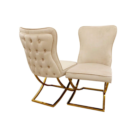 100x100cm Square Gold White Glass Table With 4 Cappuccino Sandhurst X Leg Chair in Gold