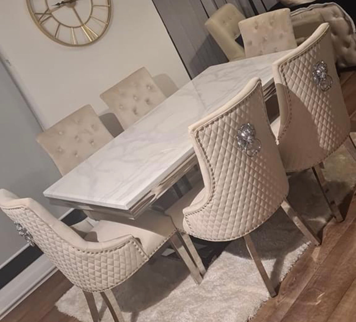 Ariel Marble Dining Table White With Majestic Mink Chairs Lion Knocker