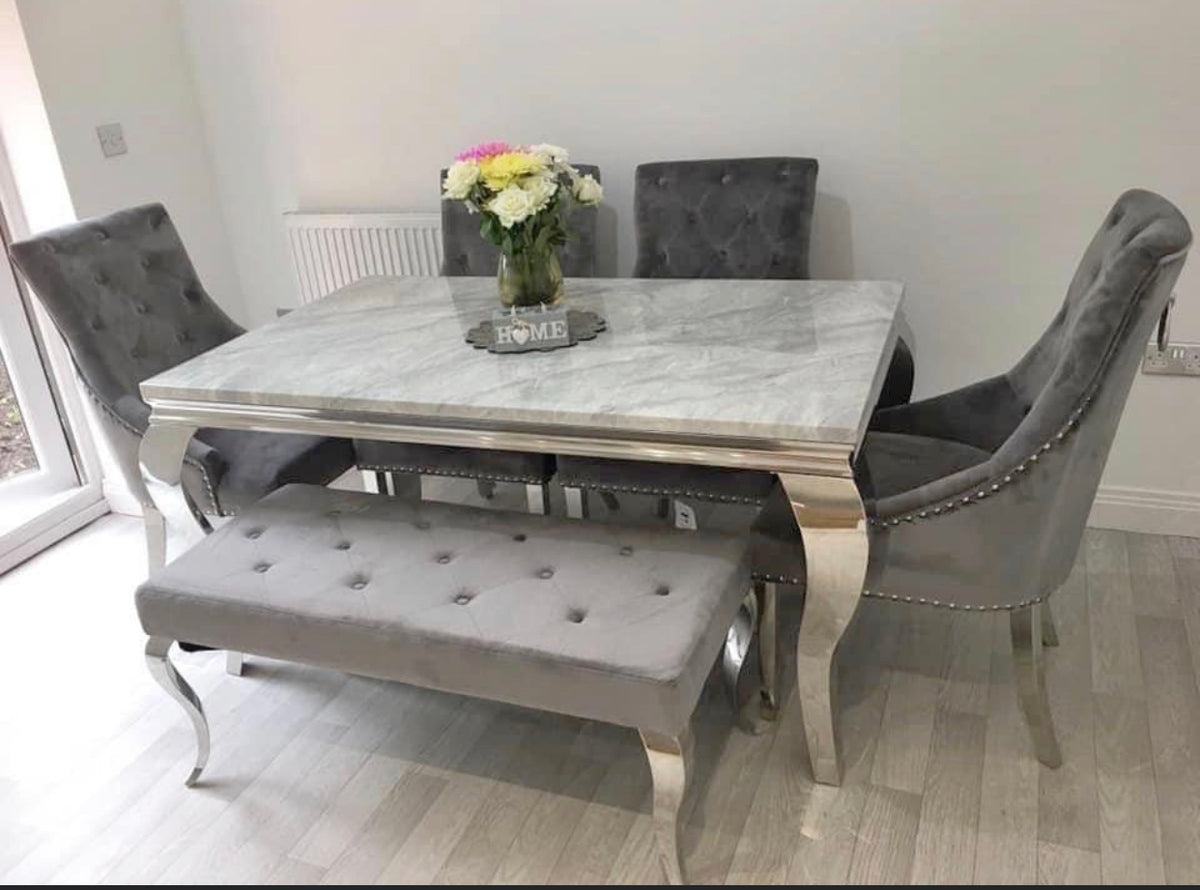 Louis Light Grey Marble With Valencia Dark Grey Chairs & Bench