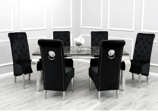 Louis Black Marble Dining Table With Black Sofia Chairs With Lion Knocker
