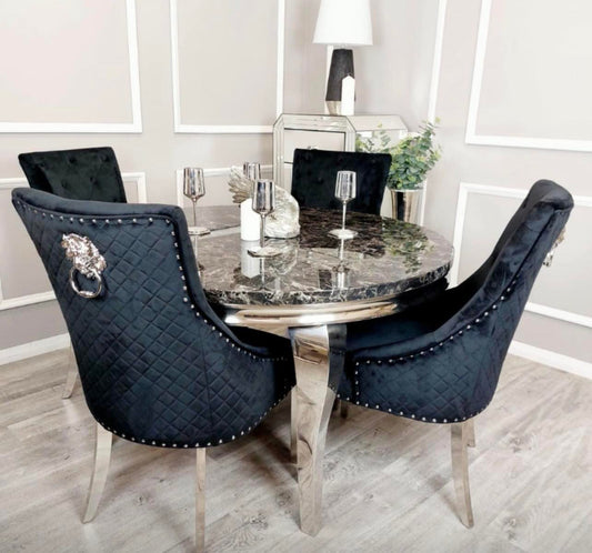 Louis 130x130cm Black Round Table With Black Majestic Lion Knocker Chairs