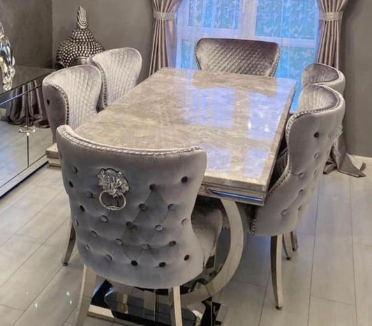 Arriana Light Grey Table With Valentino Silver Lion Knocker Chairs