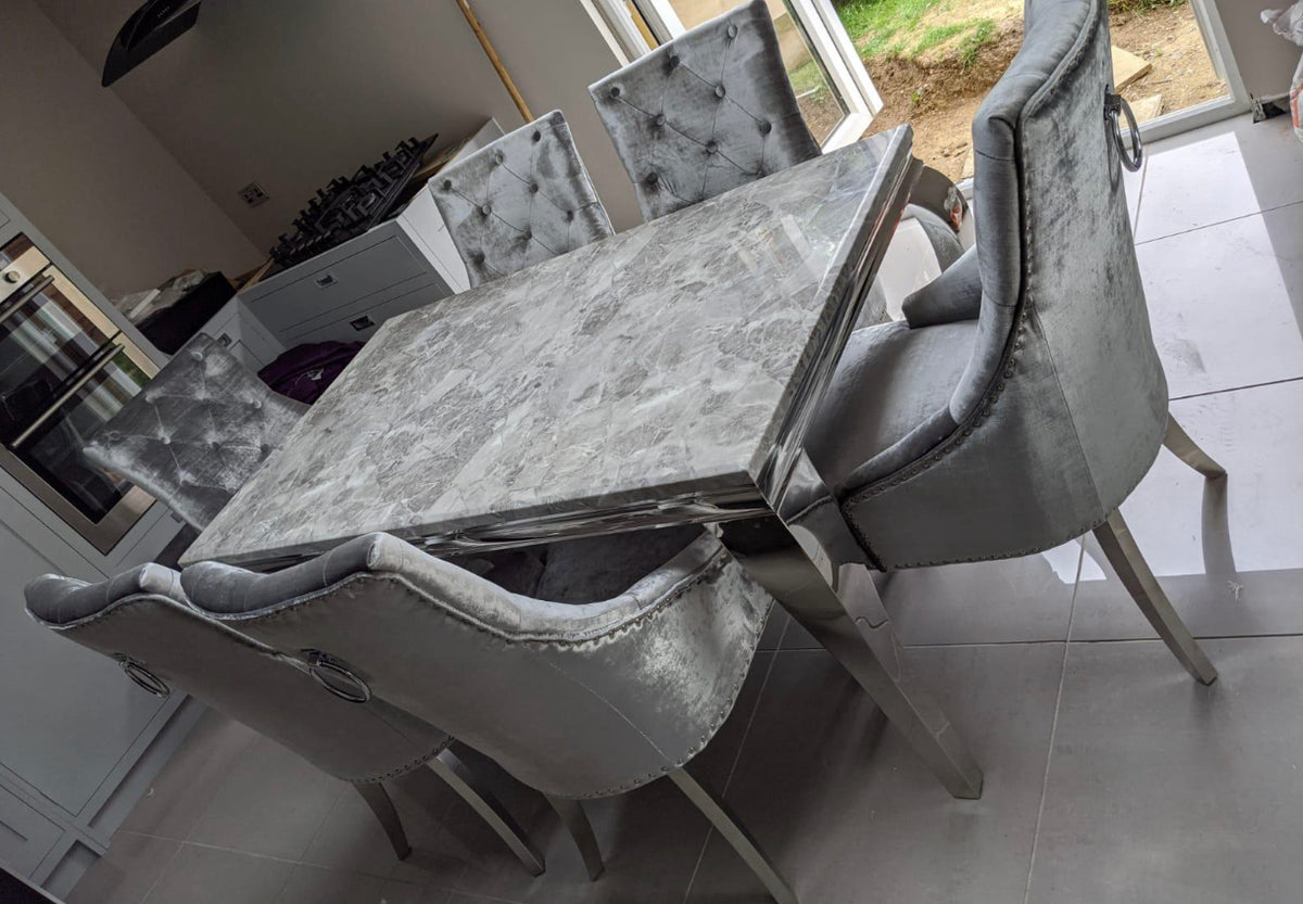 Louis Marble Dining Light Grey With Jessica Silver Ring Knocker Chairs