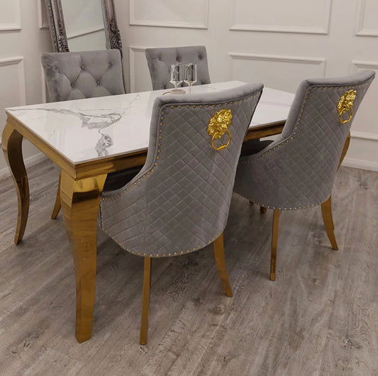 Louis Dining Table Gold White + Gold  Bentley Chairs Lion Knocker Gold Leg
