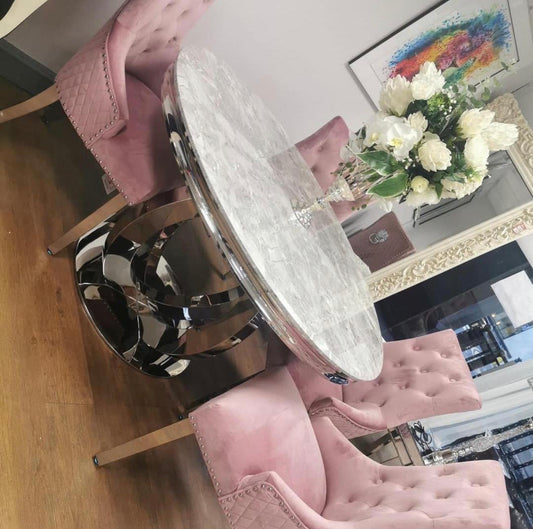 Chelsea 130x130cm Round Table With Pink  Majestic Lion Knocker Chairs