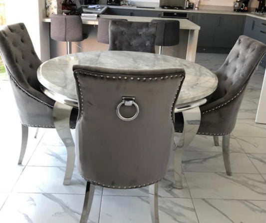 Louise 130x130cm Light Grey Round Table With Dark Grey Valencia Chairs