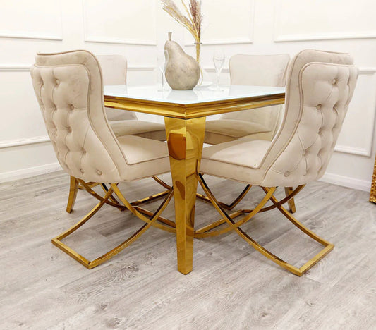 100x100cm Square Gold White Glass Table With 4 Cappuccino Sandhurst X Leg Chair in Gold