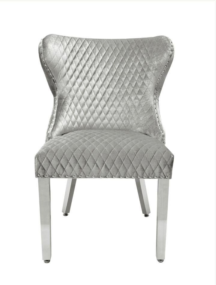 Louis Marble Dining Table 100x100cm Light Grey  With 4 Valencia Dark Grey Ring Knocker Chairs