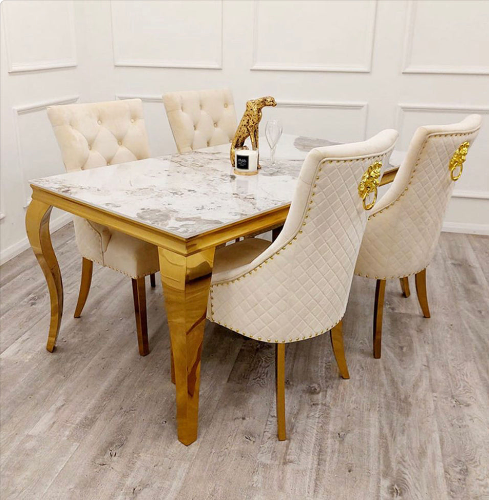 1.6M Louis Dining Table Gold with Sintered Stone Top With Bentley Cream Gold Lion Knocker Chairs